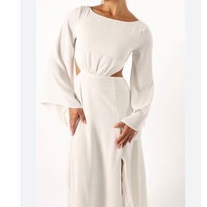 Petal & Pup Vera Maxi Dress White Linen Blend Bell Sleeve Cutout Open Back Sz M